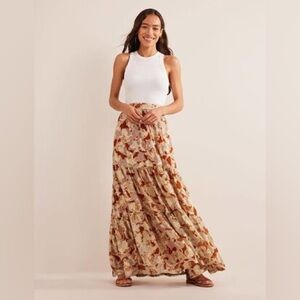 Boden Tiered Metallic Floral Maxi Skirt Orange & Gold